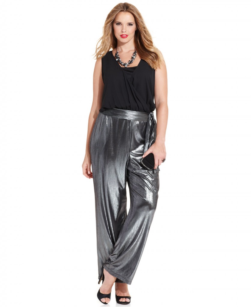NY Collection Plus Size Sleeveless Surplice Metallic Jumpsuit 